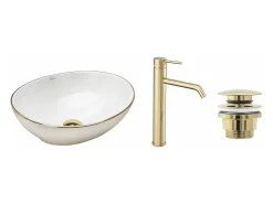 Set Lavatório De Apoio Rea Sofia White + Torneira Alta Lungo Gold High + Rolha Universal Gold