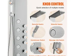 Sistema de Torre de Painel de Duche SucceBuy de Aço Inoxidável, 4 Modos de Jatos de Cachoeira e Efeito de Chuva