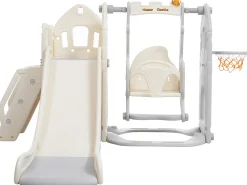 Slide 5 em 1 - com escadas, baloiço, espaço de arrumação, cesto de basquetebol - cinzento claro