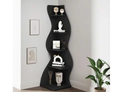 Slim corner bookshelf - Modern 5 - tier corner shelving unit - Unique shape for living room, home office - Black