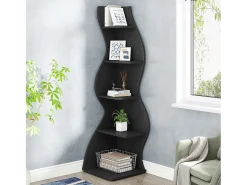 Slim corner bookshelf - Modern 5 - tier corner shelving unit - Unique shape for living room, home office - Black