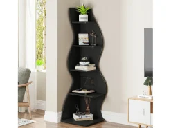 Slim corner bookshelf - Modern 5 - tier corner shelving unit - Unique shape for living room, home office - Black
