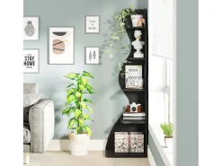 Slim corner bookshelf - Modern 5 - tier corner shelving unit - Unique shape for living room, home office - Black