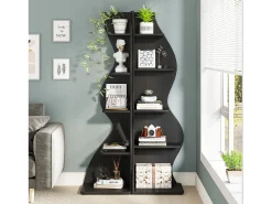 Slim corner bookshelf - Modern 5 - tier corner shelving unit - Unique shape for living room, home office - Black