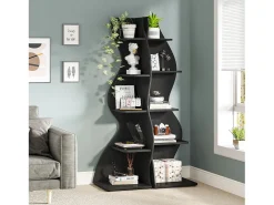 Slim corner bookshelf - Modern 5 - tier corner shelving unit - Unique shape for living room, home office - Black