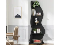 Slim corner bookshelf - Modern 5 - tier corner shelving unit - Unique shape for living room, home office - Black