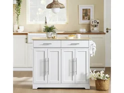 SoBuy Carrinho de Cozinha com Rodas Ilha com Bancada de Madeira Extensível 2 Gavetas Prateleiras Ajustáveis Armário Economizador de Espaço Branco L113xP91xA44-69