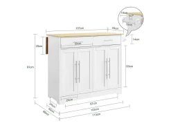 SoBuy Carrinho de Cozinha com Rodas Ilha com Bancada de Madeira Extensível 2 Gavetas Prateleiras Ajustáveis Armário Economizador de Espaço Branco L113xP91xA44-69