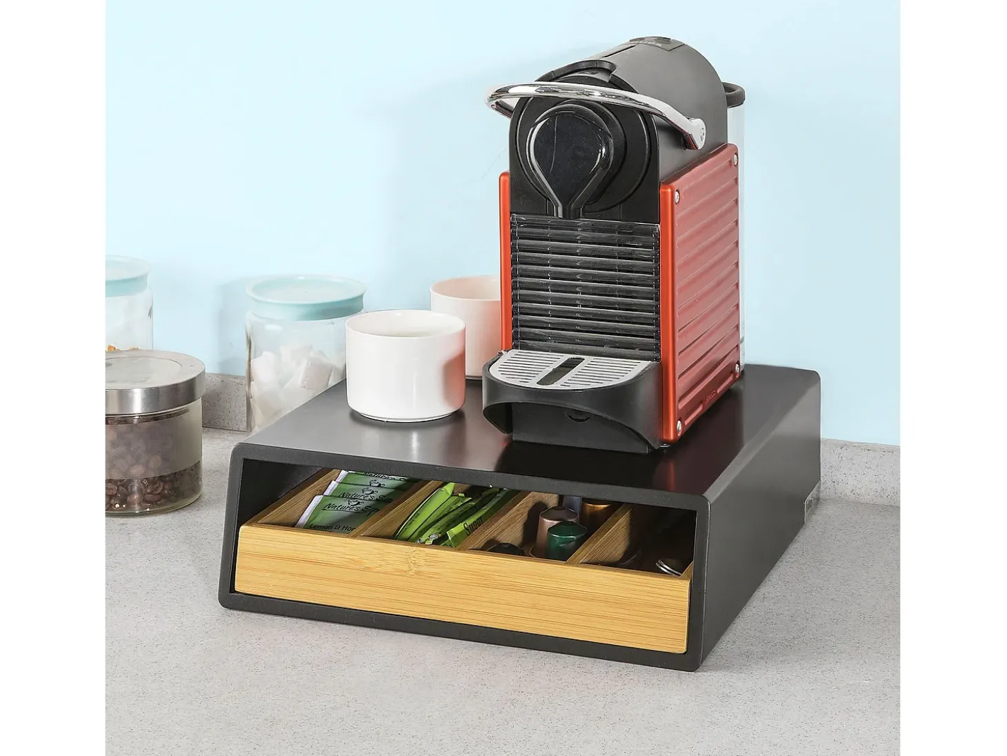 SoBuy FRG280-SCH Recipiente para cápsulas e cápsulas de café 4 compartimentos de madeira