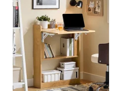 SoBuy Secretária de escritório com prateleiras que poupa espaço Mesa de parede dobrável Secretária de computador dobrável Secretária natural 64x58x82cm FWT92-N
