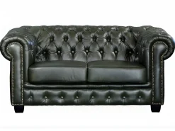 Sofá 2 lugares 100% pele de búfalo Verde imperial estilo chesterfield - BRENTON