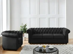 Sofá 3 lugares + poltrona pele de búfalo preto icónico CHESTERFIELD