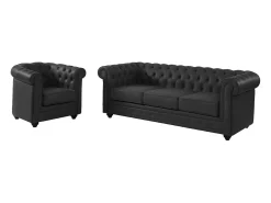 Sofá 3 lugares + poltrona pele de búfalo preto icónico CHESTERFIELD