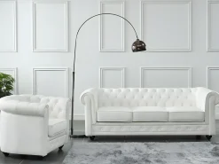 Sofá 3 lugares + poltrona pele de búfalo branco icónico CHESTERFIELD