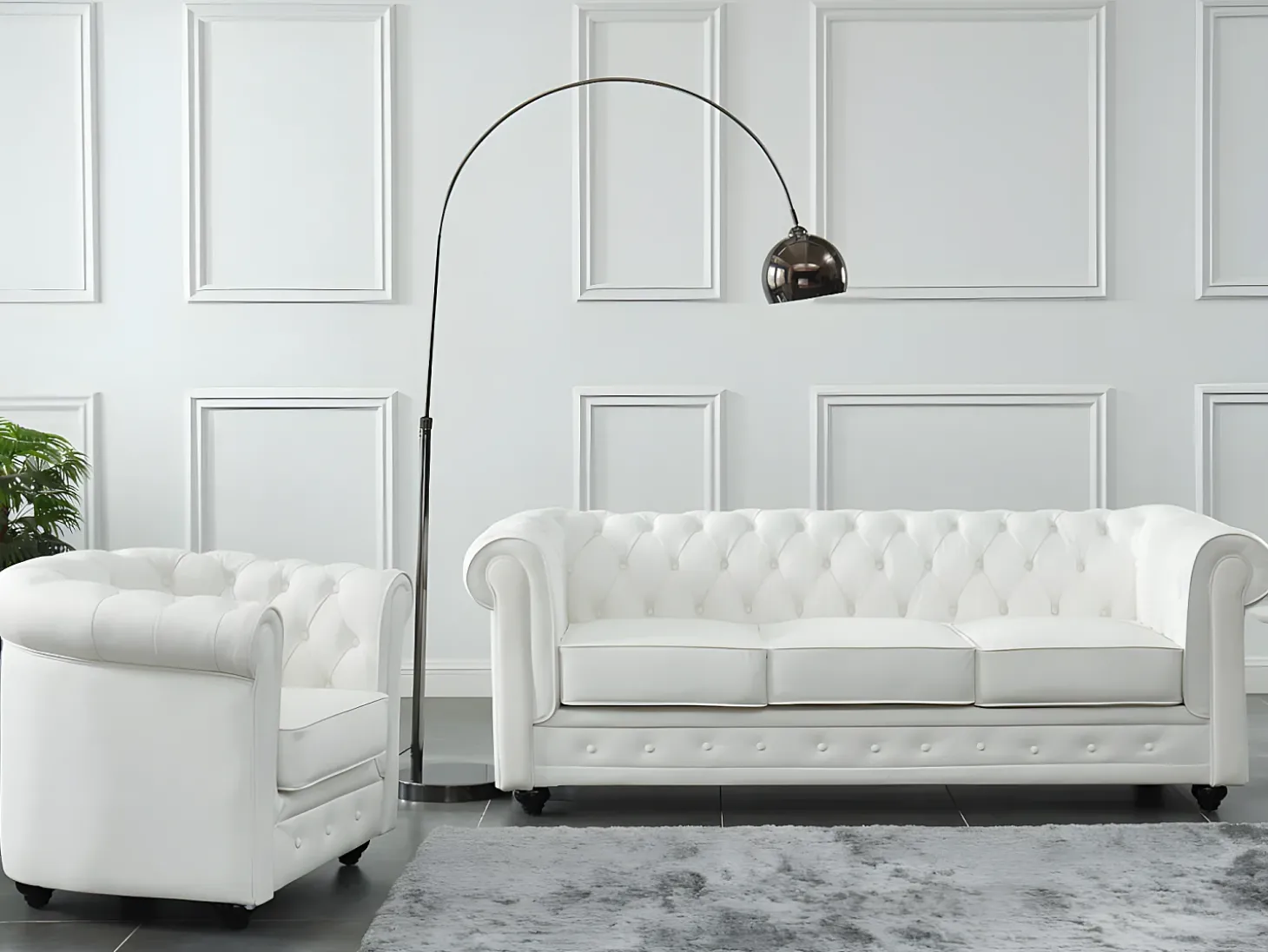 Sofá 3 lugares + poltrona pele de búfalo branco icónico CHESTERFIELD