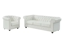 Sofá 3 lugares + poltrona pele de búfalo branco icónico CHESTERFIELD