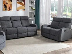 Sofá 3+2 lugares articulado em tecido cinza estilo contemporâneo - EVELYN