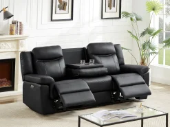 Sofá 3 lugares articulado elétrico em pele preto com mesinha porta-copos KENNETH