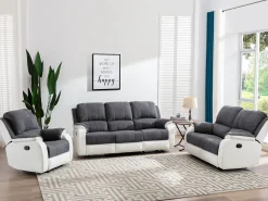 Sofá 3+2 lugares articulados em microfibra e pele sintética cinzento e branco BRODY