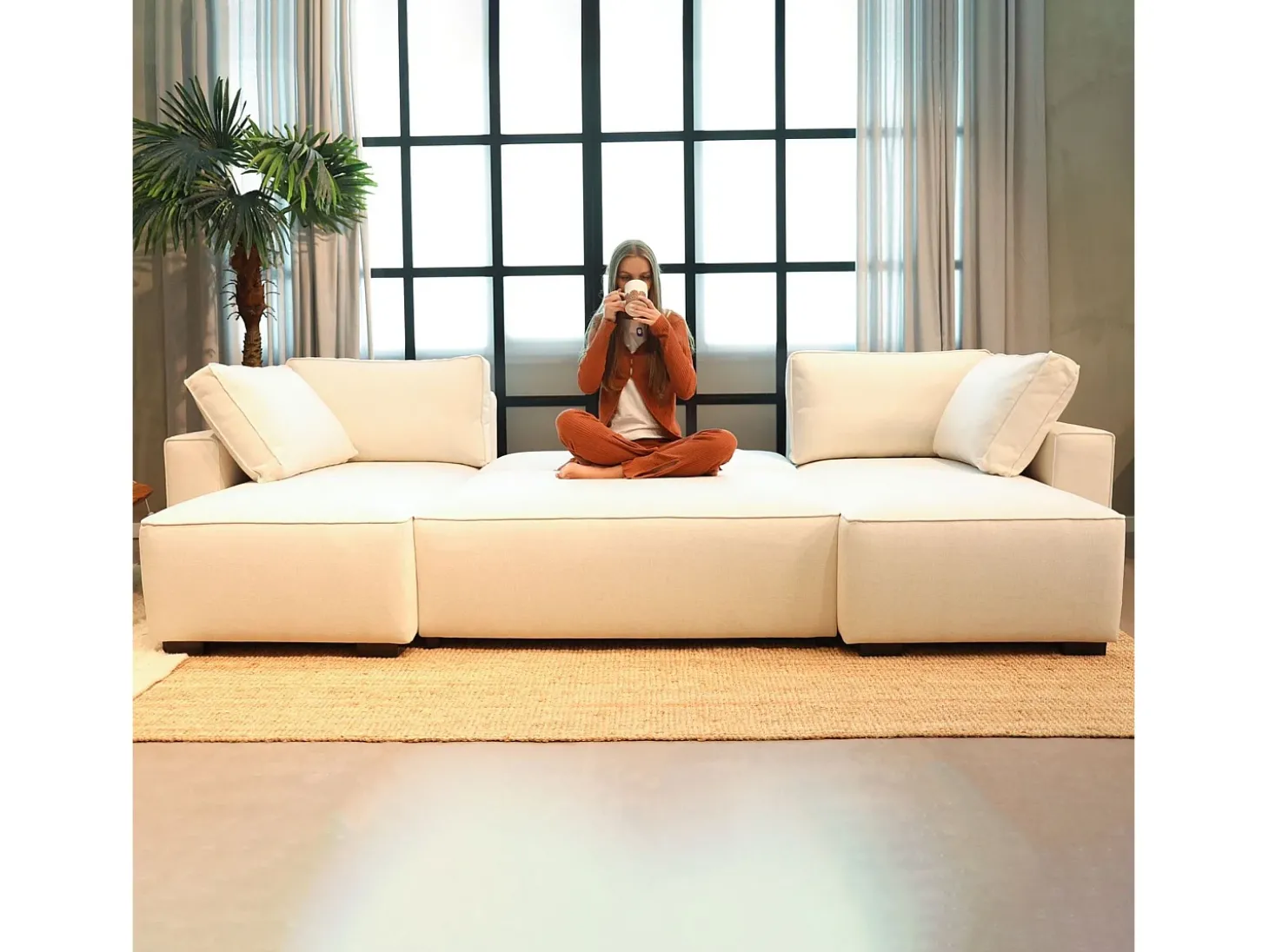Sofá 5 lugares Bege - chaise avec cama panorâmica (317 x 157 x 91 cm) - JORDAN