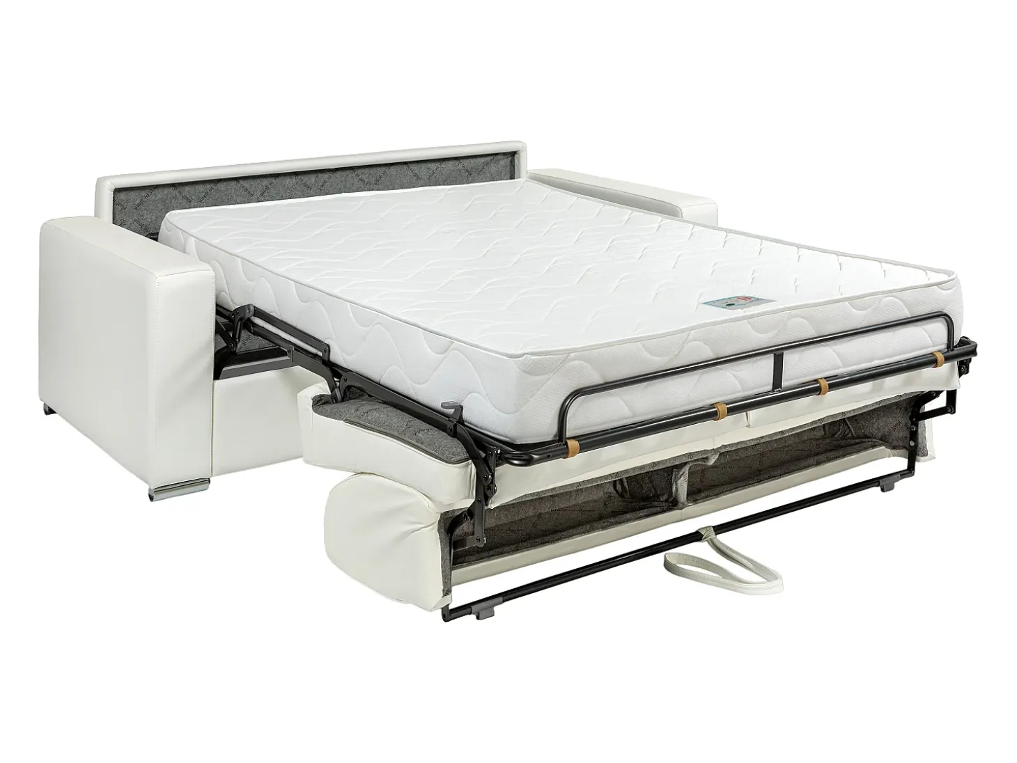 Sofá 3 lugares convertível abertura rápida pele branca cama 140 cm e colchão 18 cm CALITO