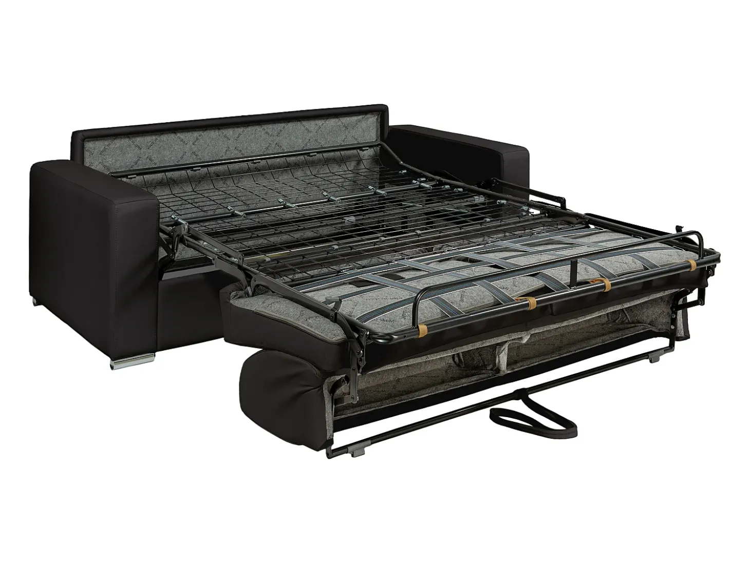 Sofá 3 lugares convertível abertura rápida pele preta cama 140 cm e colchão 22 cm CALITO