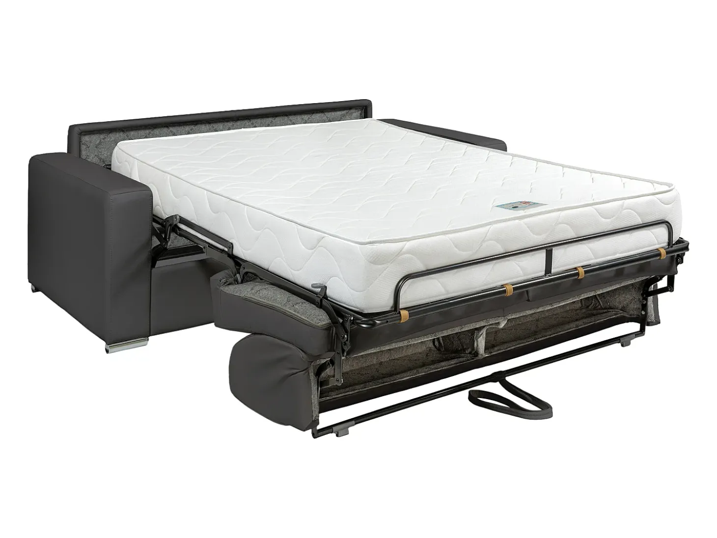 Sofá 3 lugares convertível abertura rápida pele cinza cama 140 cm e colchão 22 cm CALITO