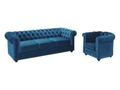 Sofá 3 lugares e cadeirão Veludo azul esverdeado CHESTERFIELD