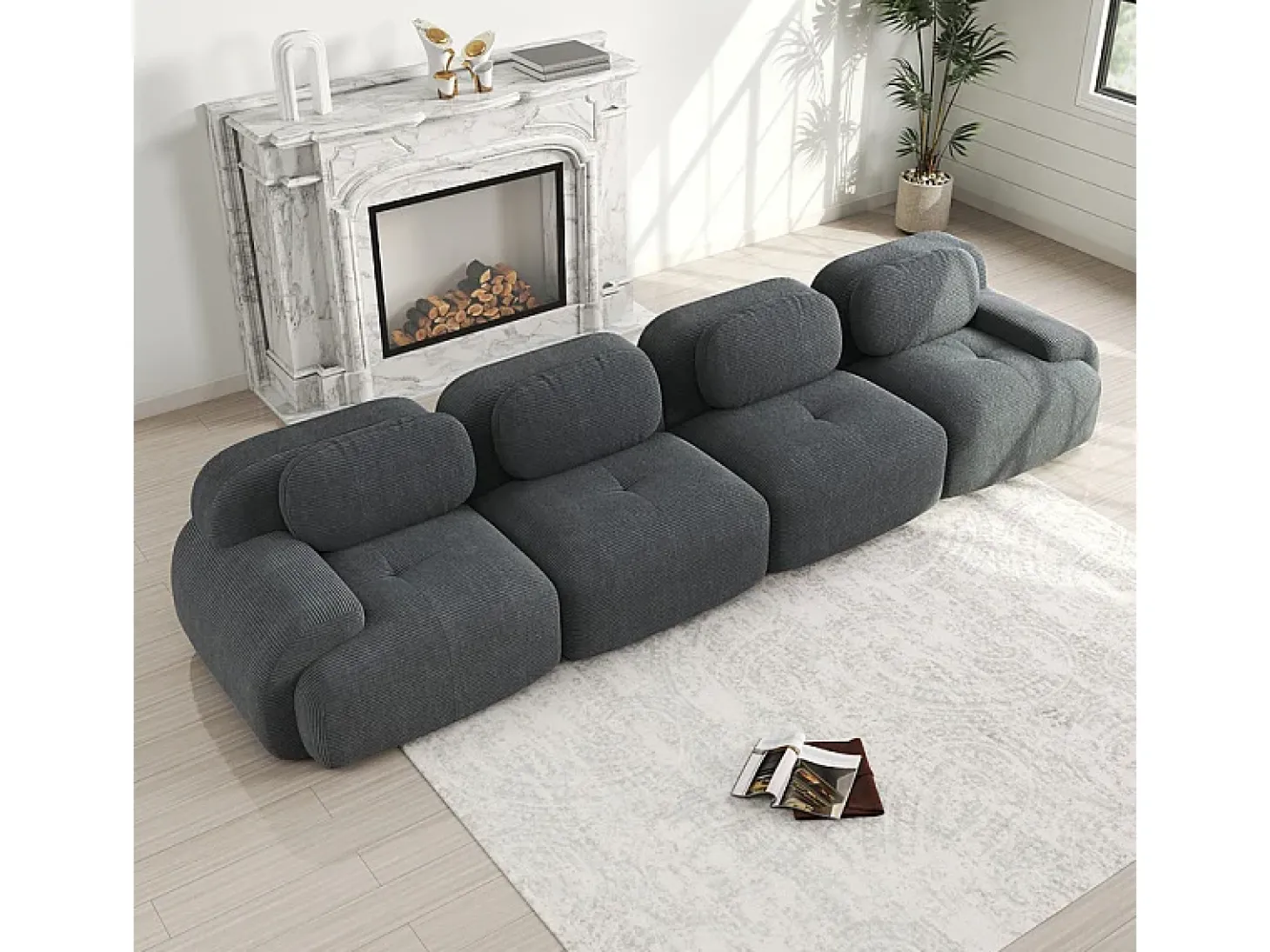 Sofá 4 Lugares Modular de Veludo Cannelado - com 4 Almofadas - 388x103x75cm - Cinza