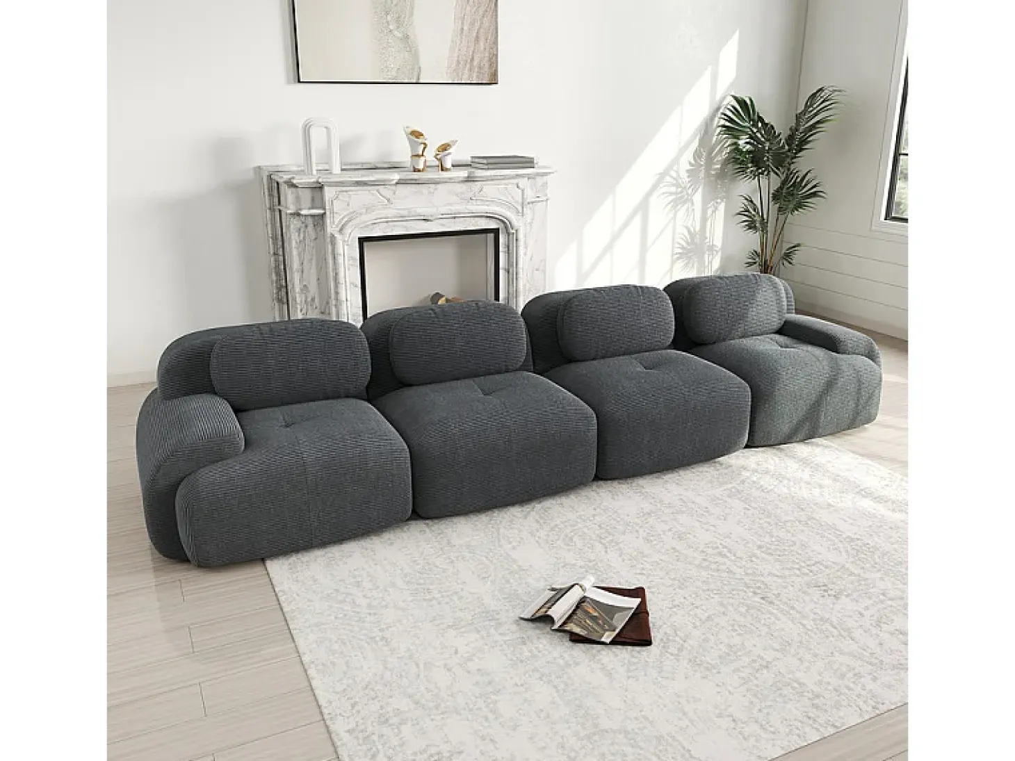 Sofá 4 Lugares Modular de Veludo Cannelado - com 4 Almofadas - 388x103x75cm - Cinza
