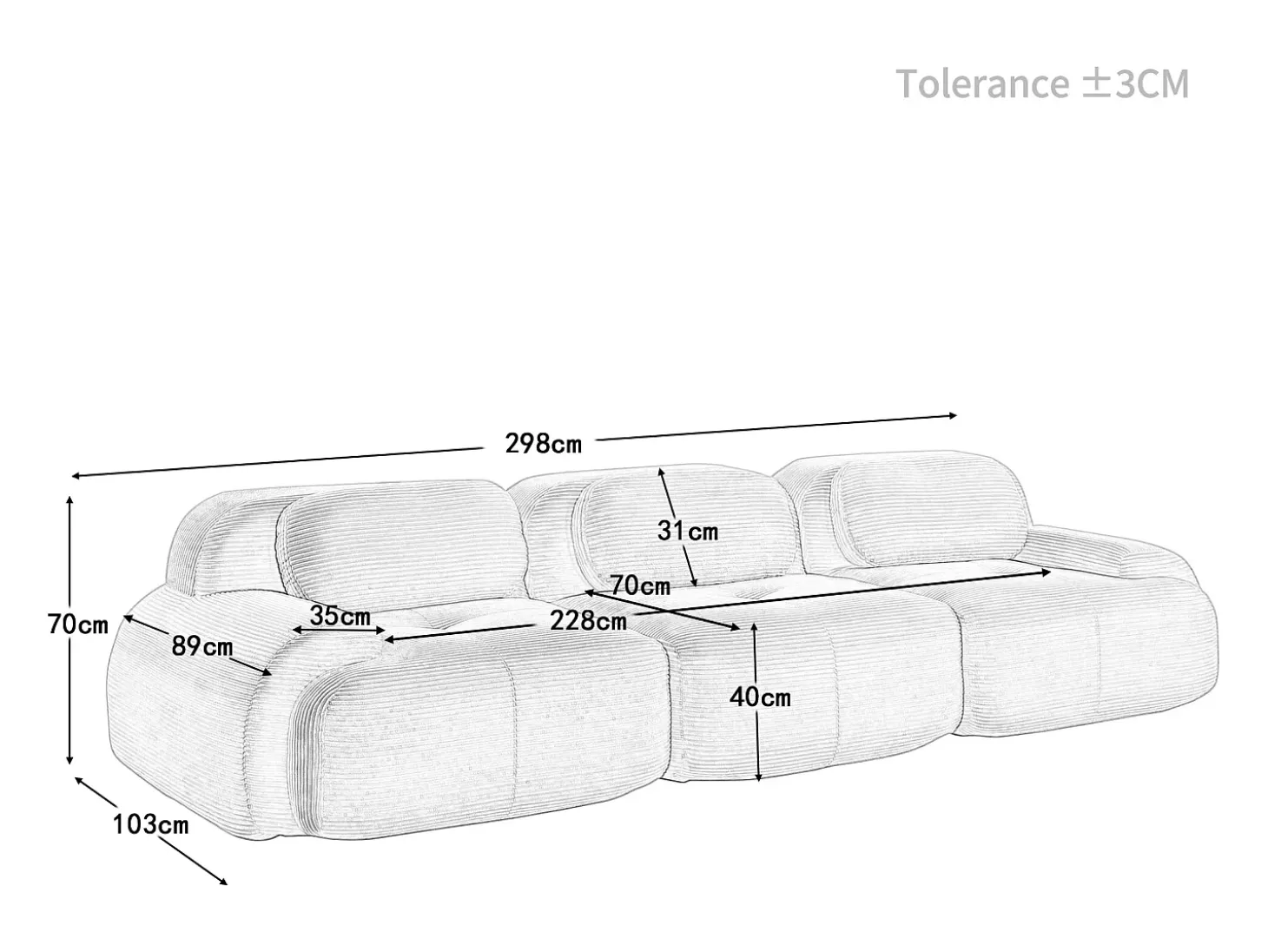 Sofá 3 Lugares Modular de Veludo Cannelado - com 3 Almofadas - 298x103x75cm - Verde