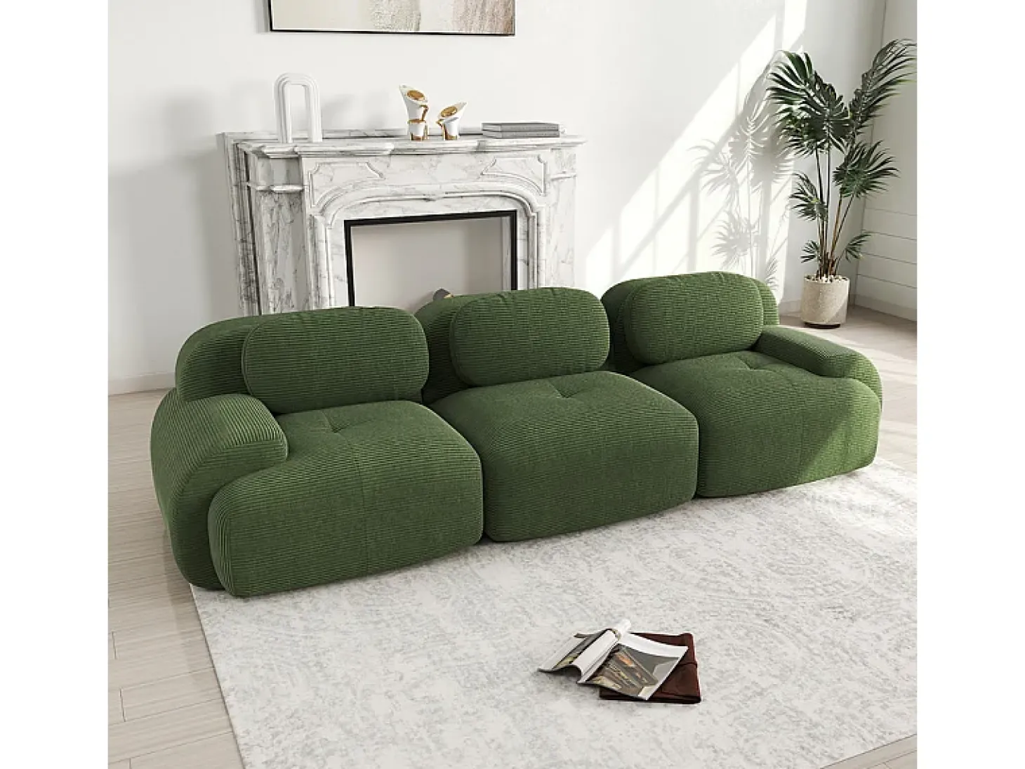 Sofá 3 Lugares Modular de Veludo Cannelado - com 3 Almofadas - 298x103x75cm - Verde