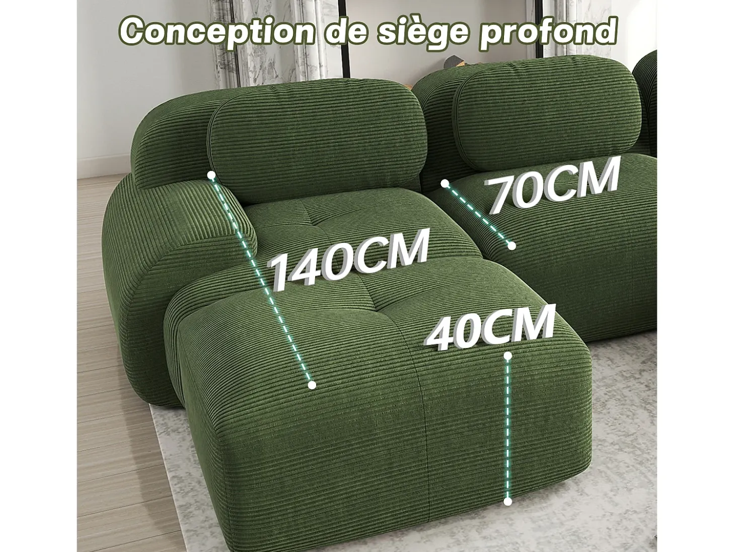 Sofá 3 Lugares Modular de Veludo Cannelado - com 3 Almofadas - 298x103x75cm - Verde