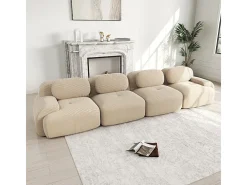Sofá 4 Lugares Modular de Veludo Cannelado - com 4 Almofadas - 388x103x75cm - Bege