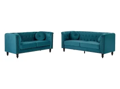 Sofá 3+2 lugares veludo azul-esverdeado estilo charme TURNER