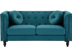 Sofá 3+2 lugares veludo azul-esverdeado estilo charme TURNER
