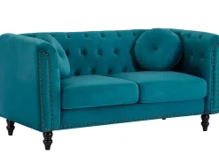Sofá 3+2 lugares veludo azul-esverdeado estilo charme TURNER