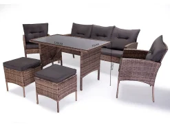 Sofá + Mesa + 2 Poltronas + 2 Pufes de Rattan PE. Móveis de Jardim e Terraço Sebas, Ratan Marrom