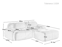 Sofá angular modular 2 lugares - de Veludo cotelê - com 2 almofadas e puff - ergonómico - 208x178x75cm - Preto