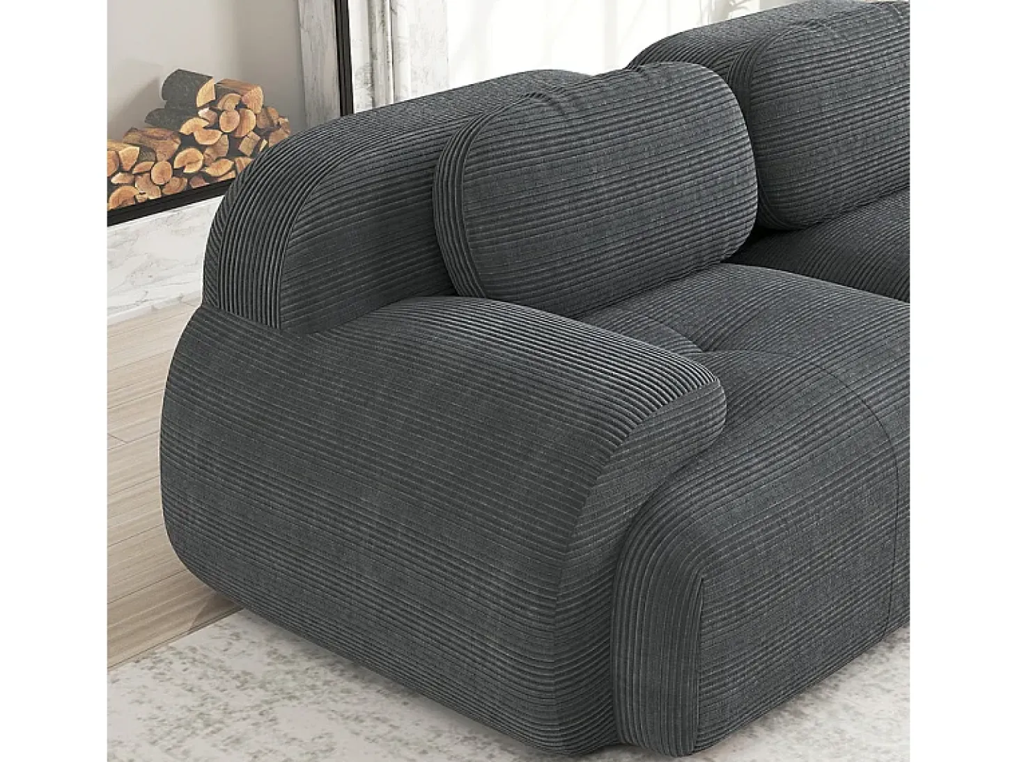 Sofá angular modular 3 lugares - de Veludo cotelê - com 3 almofadas e 2 puffs - 298x178x75cm - Cinza