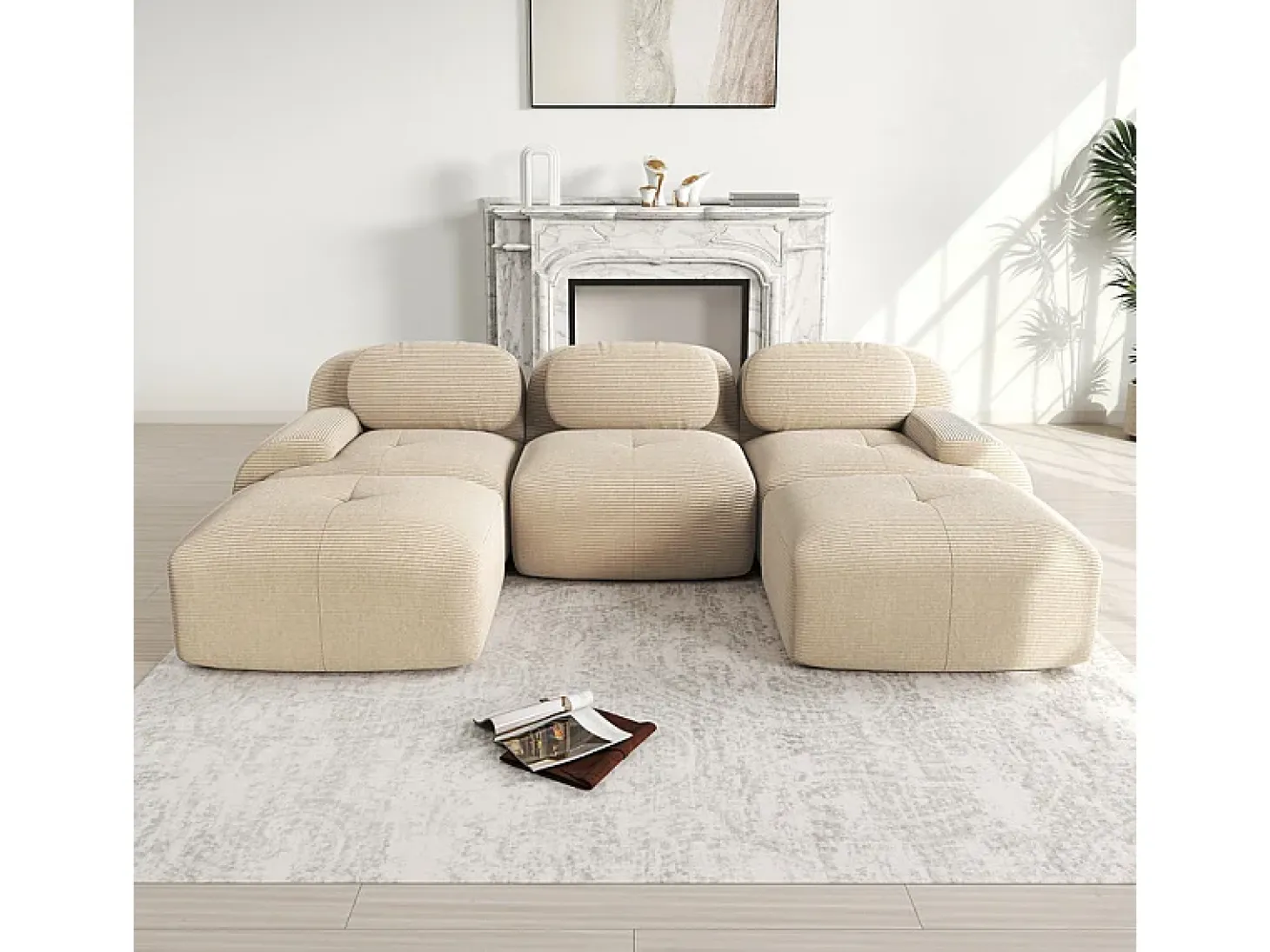 Sofá angular modular 3 lugares - de Veludo cotelê - com 3 almofadas e 2 puffs - 298x178x75cm - Bege