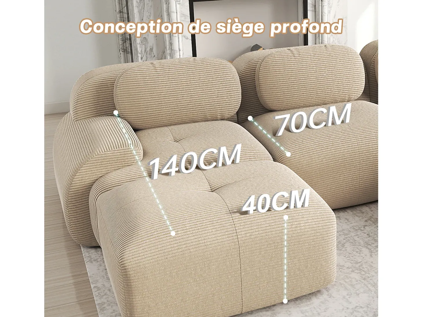 Sofá angular modular 3 lugares - de Veludo cotelê - com 3 almofadas e 2 puffs - 298x178x75cm - Bege
