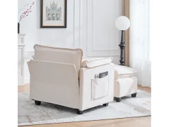 Sofá bege com bolsos laterais e apoio para os pés - Chenille - para sala de estar e quarto