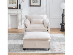 Sofá bege com bolsos laterais e apoio para os pés - Chenille - para sala de estar e quarto