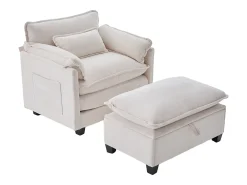 Sofá bege com bolsos laterais e apoio para os pés - Chenille - para sala de estar e quarto