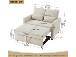 Sofá bege de 2 lugares - Sofá lounge com função de extensão e duas almofadas - encosto ajustável - tecido de algodão e linho