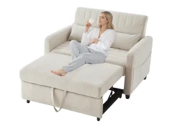 Sofá bege de 2 lugares - Sofá lounge com função de extensão e duas almofadas - encosto ajustável - tecido de algodão e linho