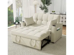 Sofá bege de 2 lugares - Sofá-cama com suporte para copos e bolso para arrumação - almofadas e rodízios