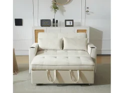 Sofá bege de 2 lugares - Sofá-cama com suporte para copos e bolso para arrumação - almofadas e rodízios