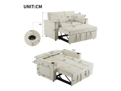 Sofá bege de 2 lugares - Sofá-cama com suporte para copos e bolso para arrumação - almofadas e rodízios